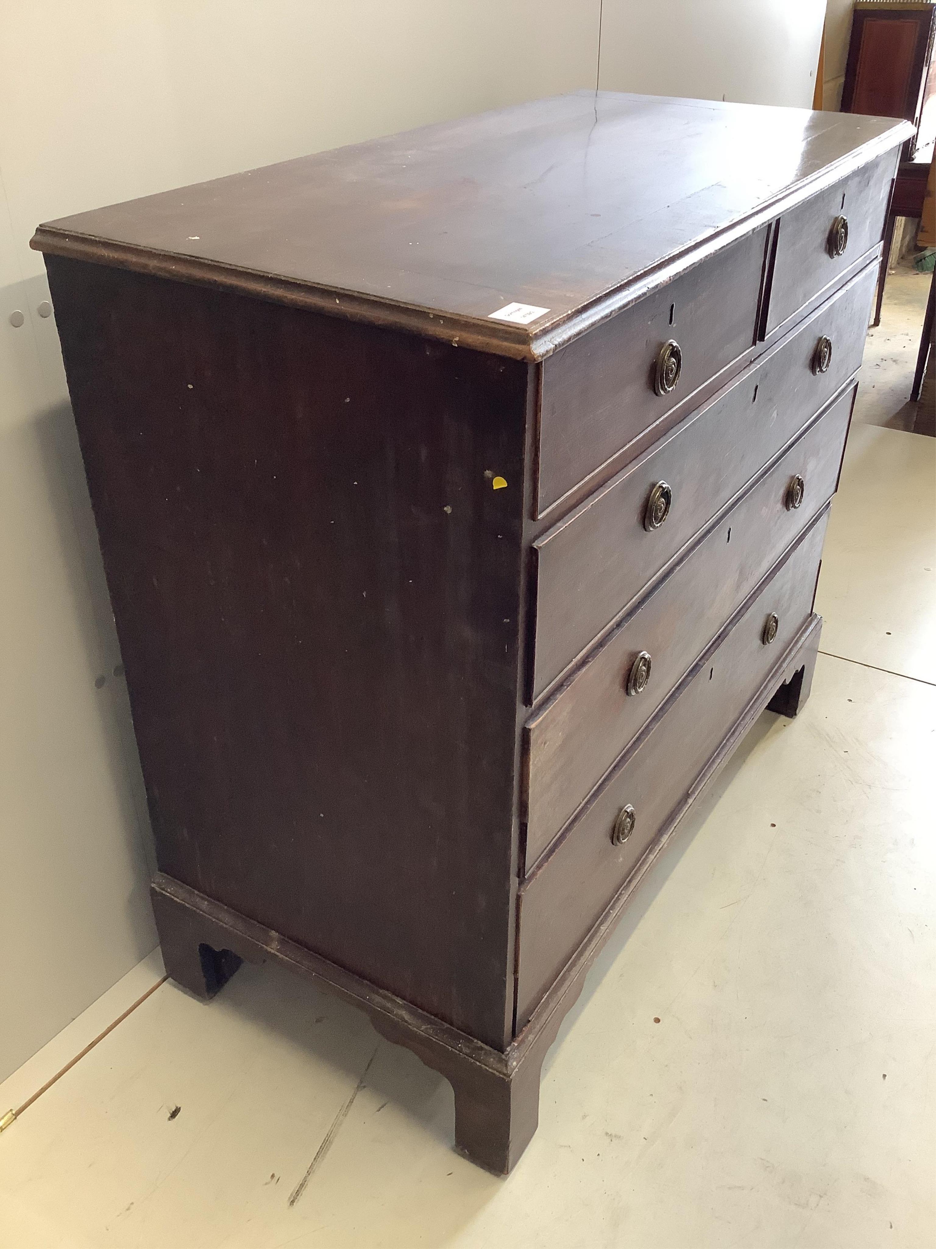 A George III mahogany five drawer chest, width 107cm, depth 51cm, height 98cm. Condition - poor